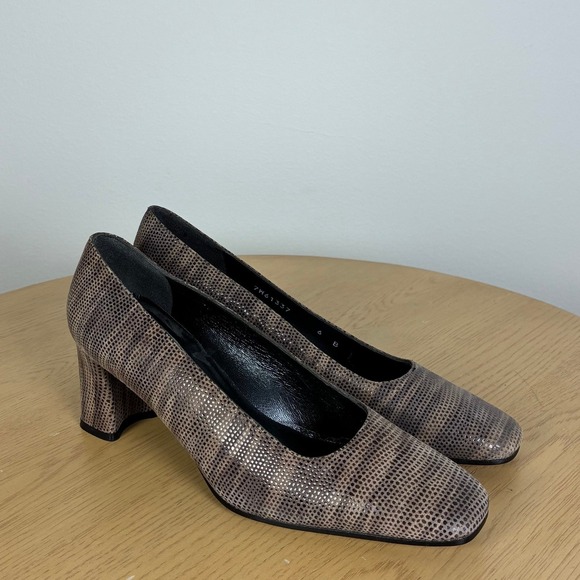 Stuart Weitzman Shoes - Stuart Weitzman Lizard Embossed Leather Square Toe Block Heel Pumps Women's 6